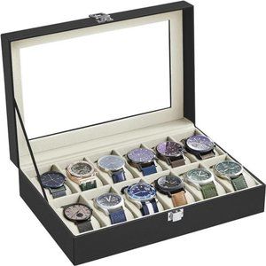 Watch Box 12-Slot Watch Case w Large Glass Lid Removable Watch Pillows Organizer